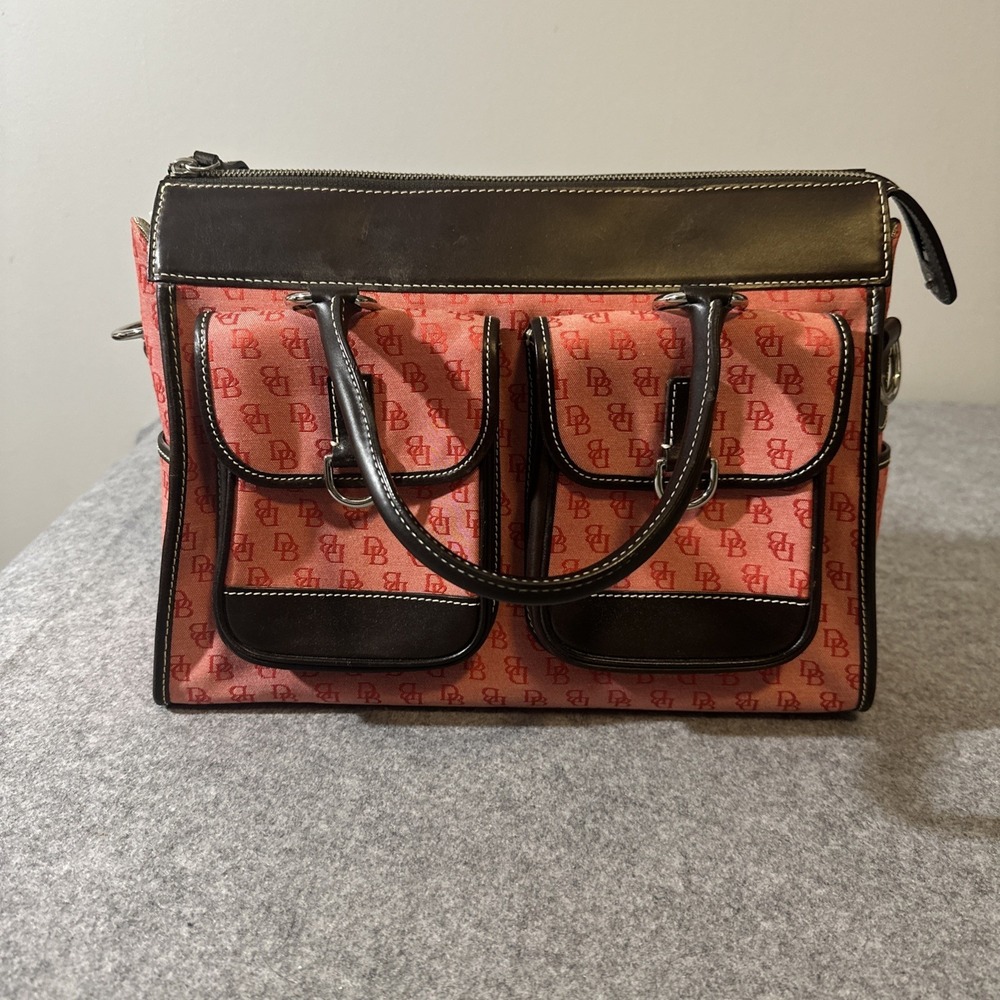 Vtg Dooney & Bourke Red Signature Anniver Double Pocket Leather Trim Coin Sachel